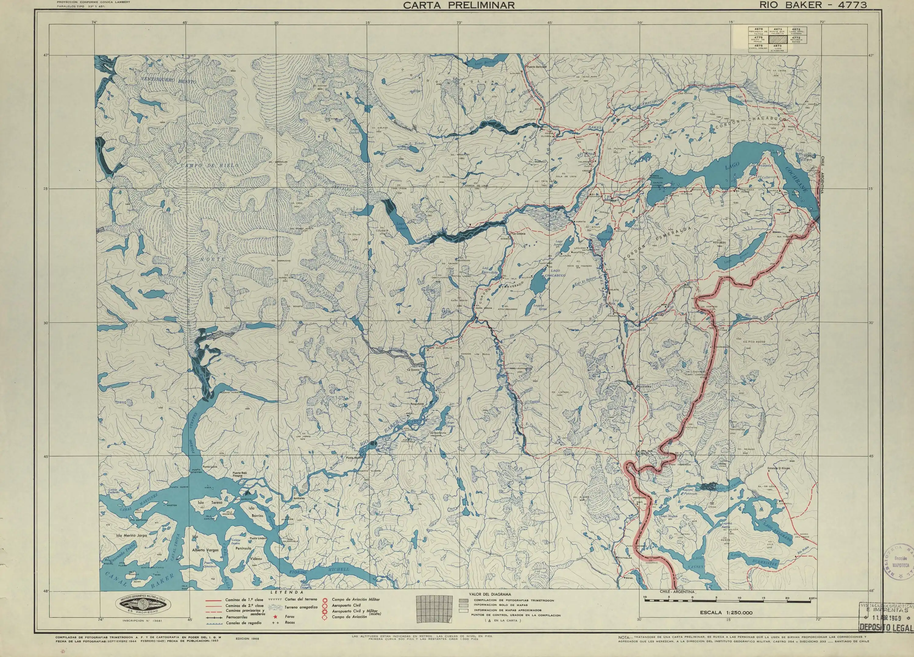 El río en una sección de un mapa del Instituto Geográfico Militar de Chile publicado en 1953 con una escala de 1:250000.