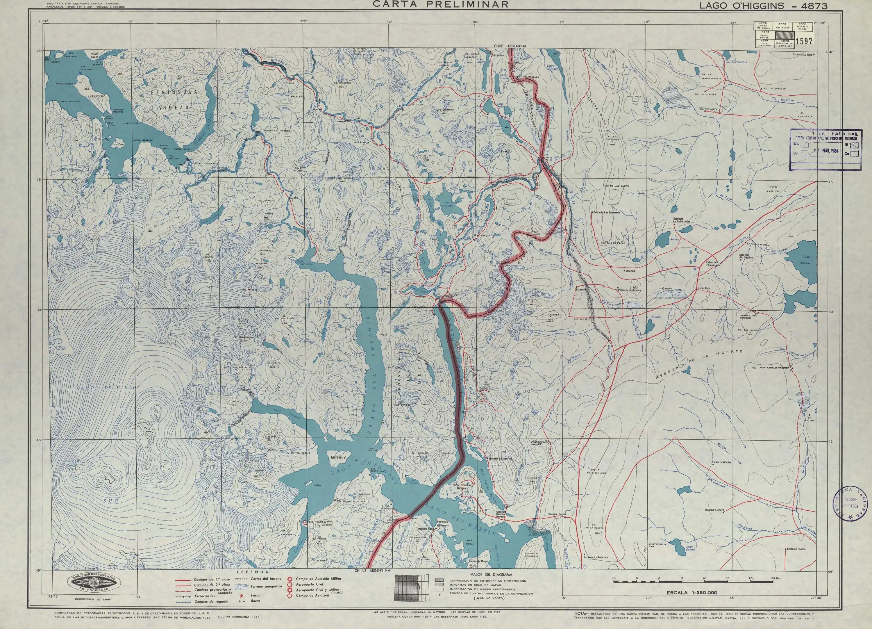 Mapa de la zona publicado por el Instituto Geográfico Militar (Chile) en 1953 en una escala de 1:250000.