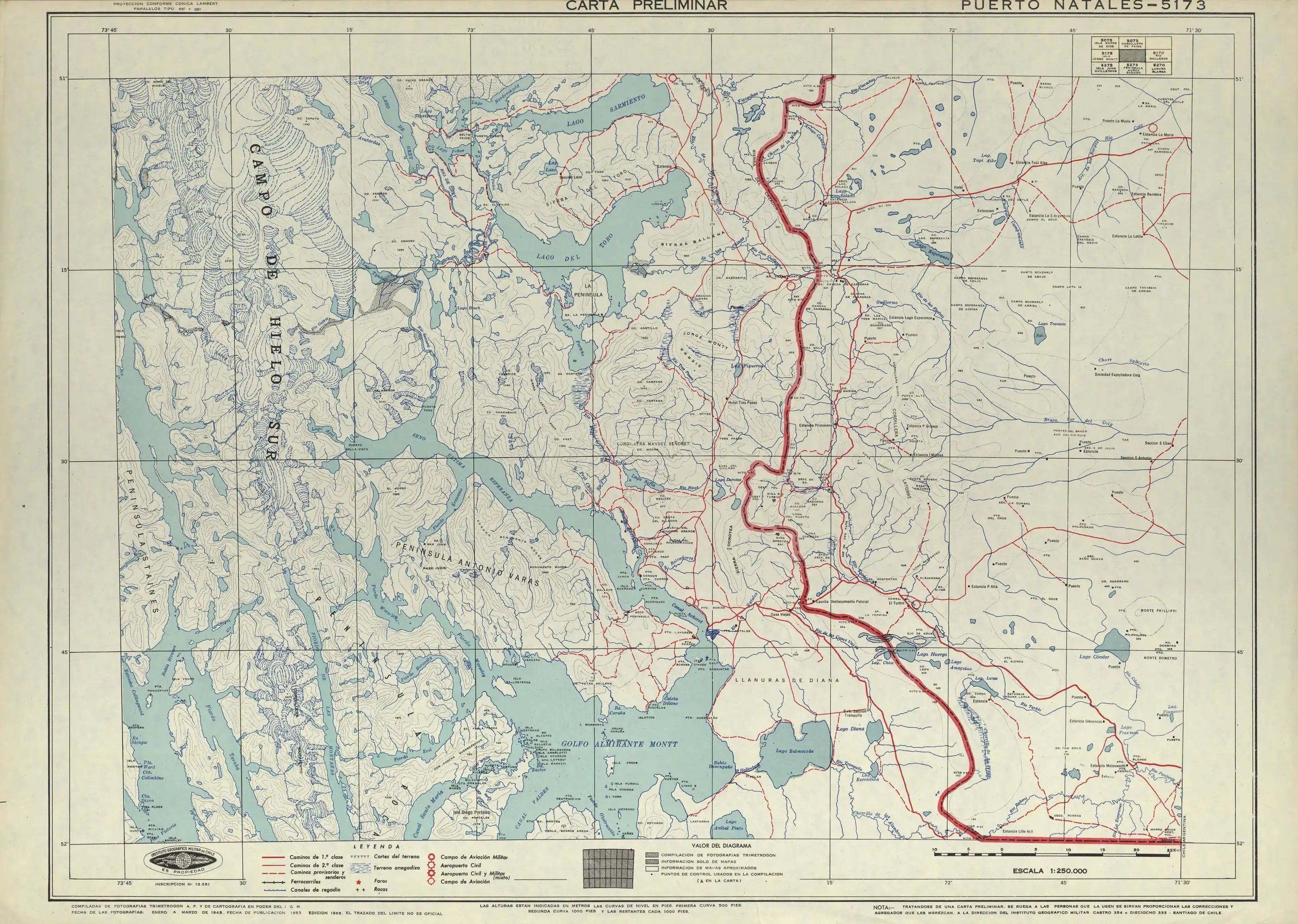 El lago en un mapa del Instituto Geográfico Militar de Chile publicado en 1953 con una escala de 1:250000.