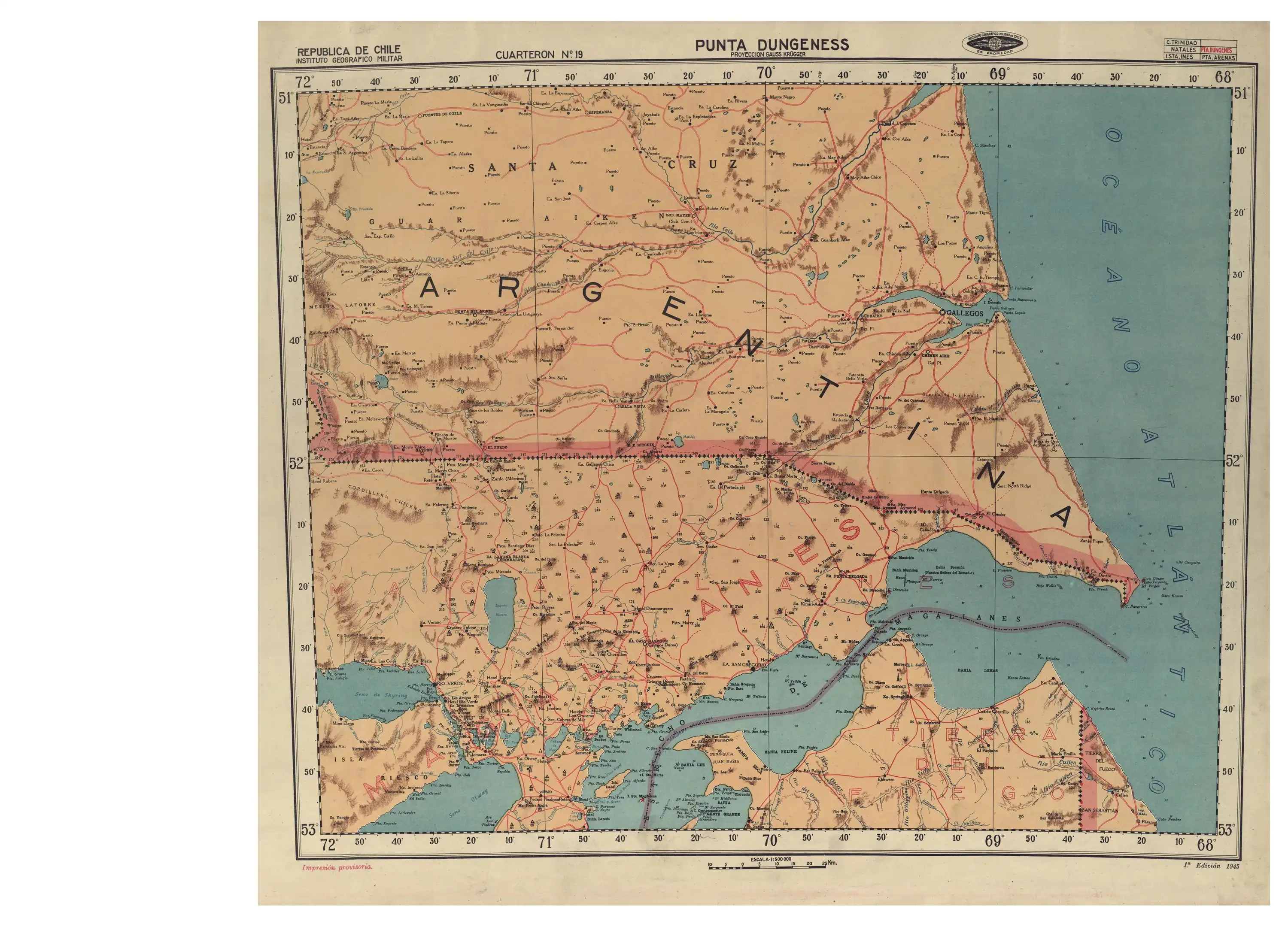 Mapa de la zona publicado por el Instituto Geográfico Militar de Chile en 1945 con una escala de 1:250.000. De izquierda a derecha se ve el seno Otway, el canal Fitz Roy, la laguna Palomares, la laguna Entre Vientos, la laguna El Toro, la laguna Los Palos, la laguna Cabeza de Mar, la laguna Baja (Pecket), la laguna Casimiro hasta llegar a la Segunda Angostura.