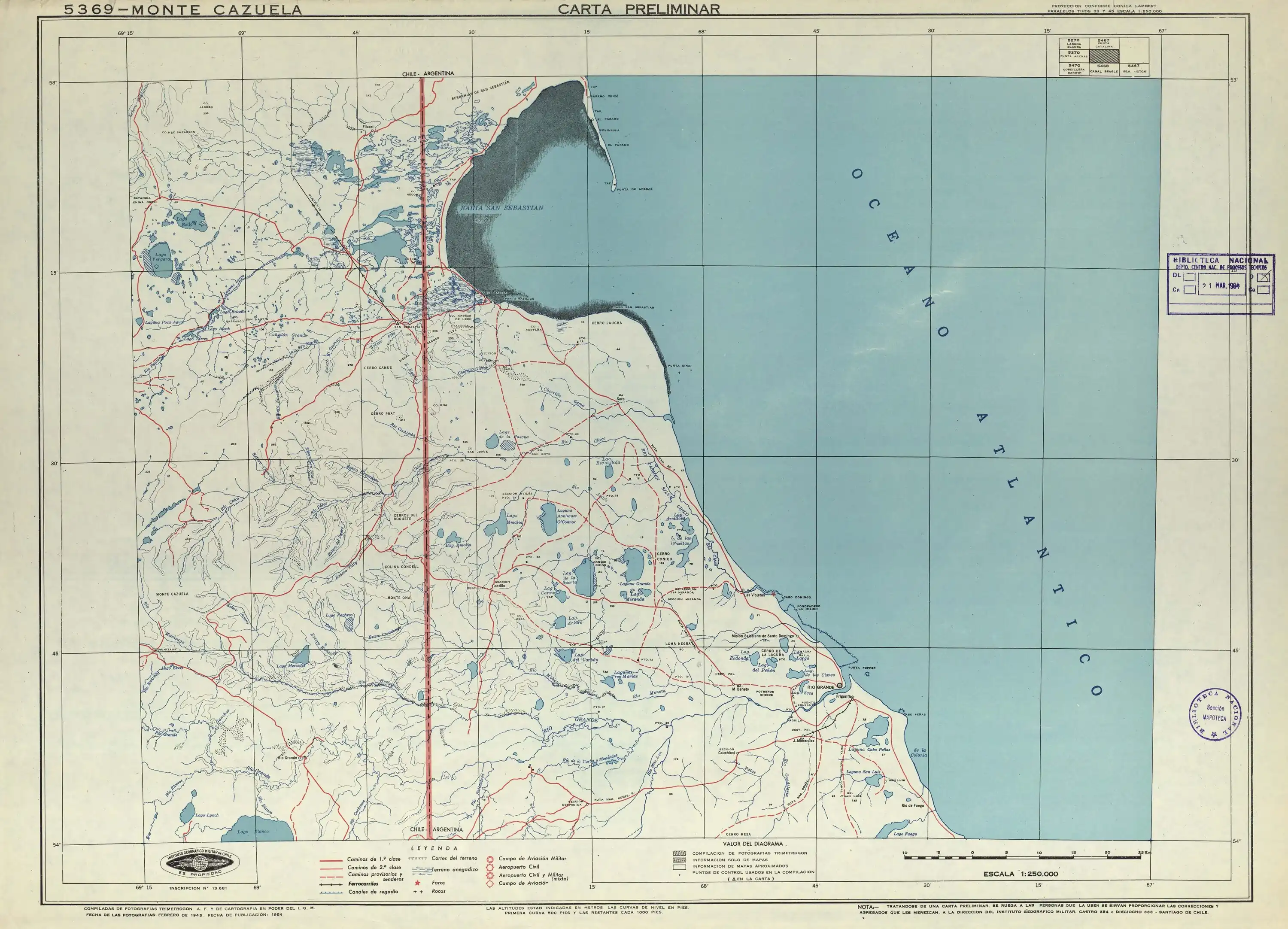 El río Cachimba en un mapa del Instituto Geográfico Militar de Chile publicado en 1954 con una escala de 1:250000.