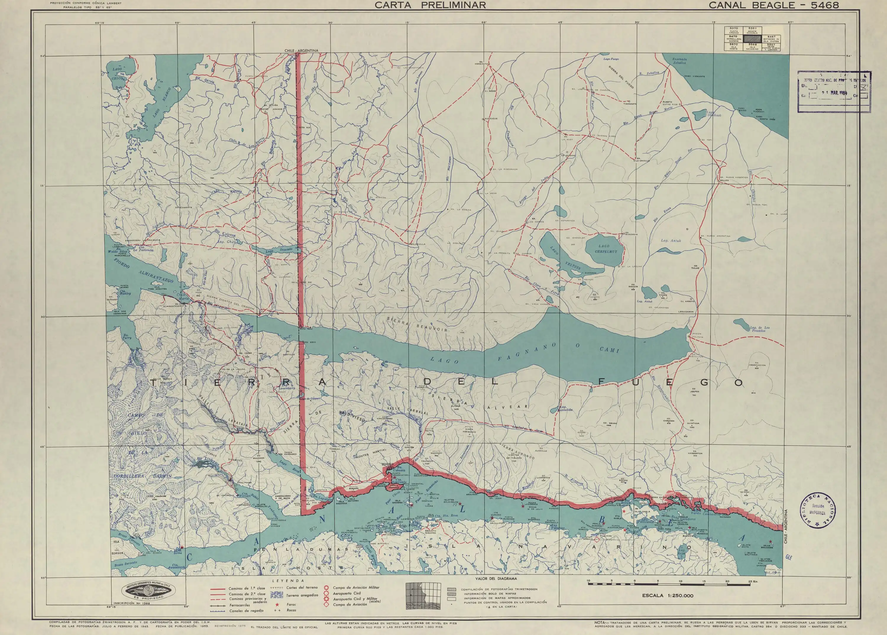 La cuenca hidrográfica del río Azopardo, en un mapa del Instituto Geográfico Militar de Chile publicado en 1955 con una escala de 1:250000.