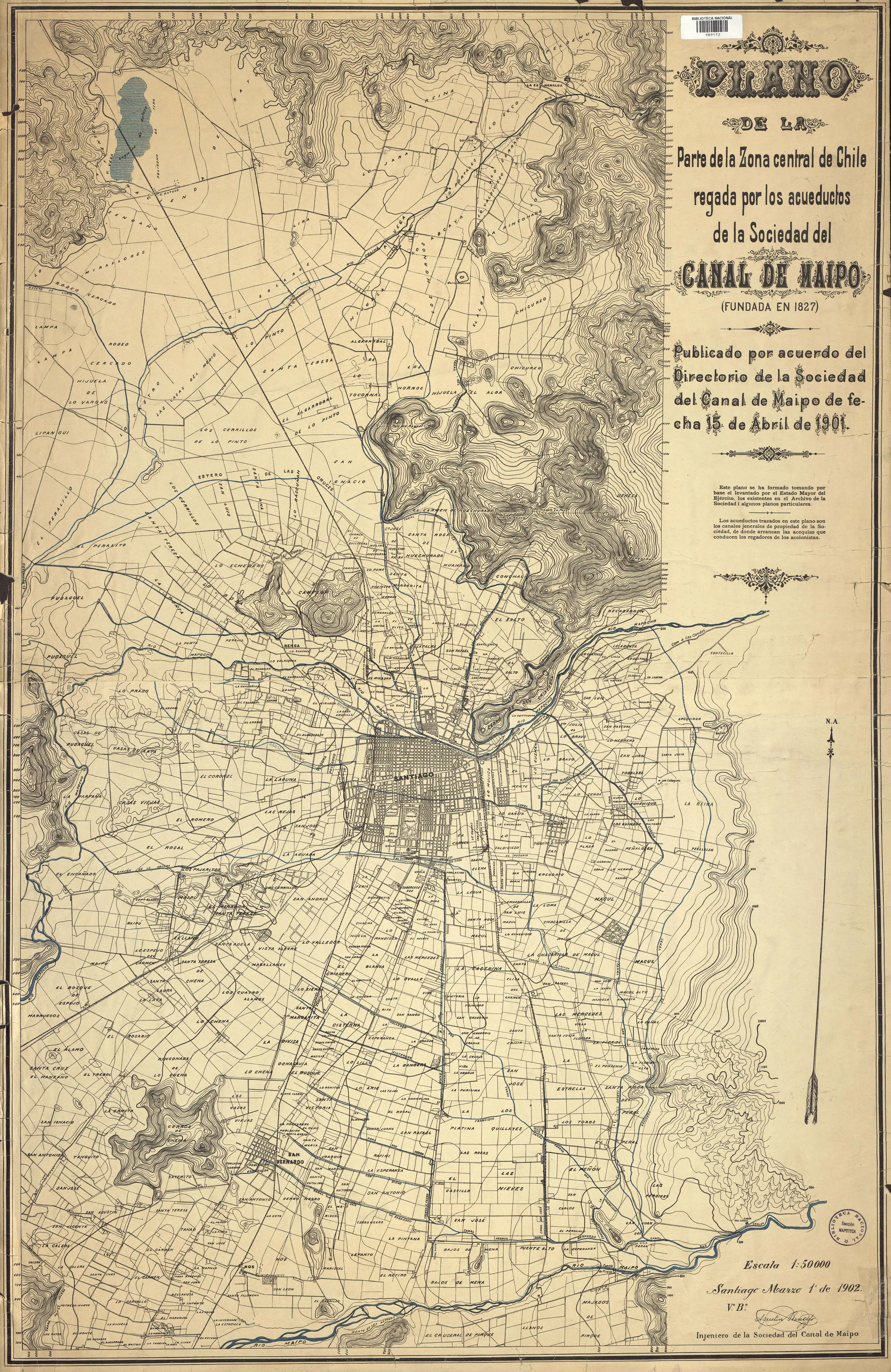 Fundos La Cisterna, La Esperanza, Lo Lillo, Santa Rita y La Victoria. Canales Valledor y Cisternas, según un mapa de la Sociedad del Canal del Maipo en 1902.