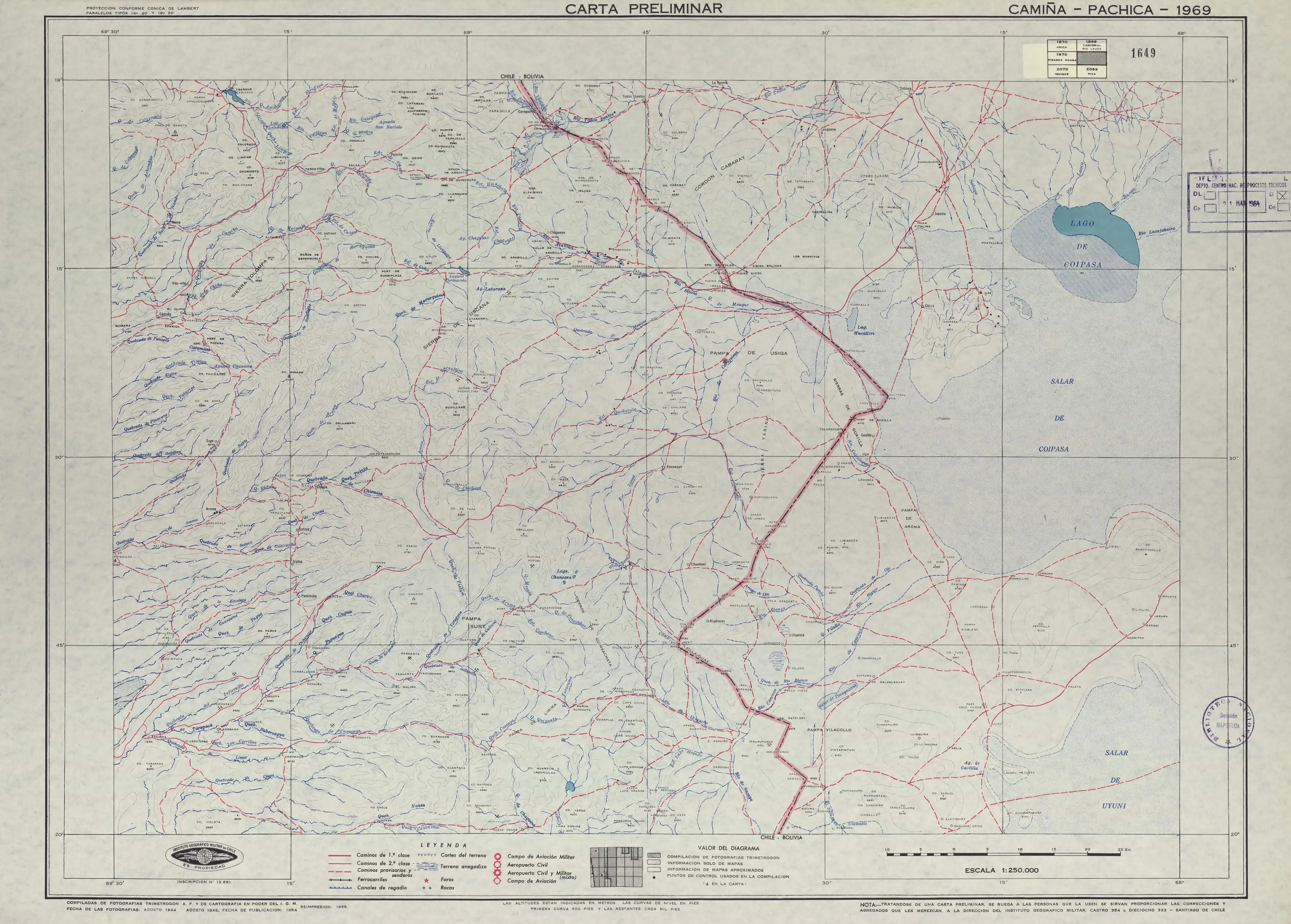 El arroyo en una sección de un mapa del Instituto Geográfico Militar de Chile publicado en 1954 con una escala de 1:250000.