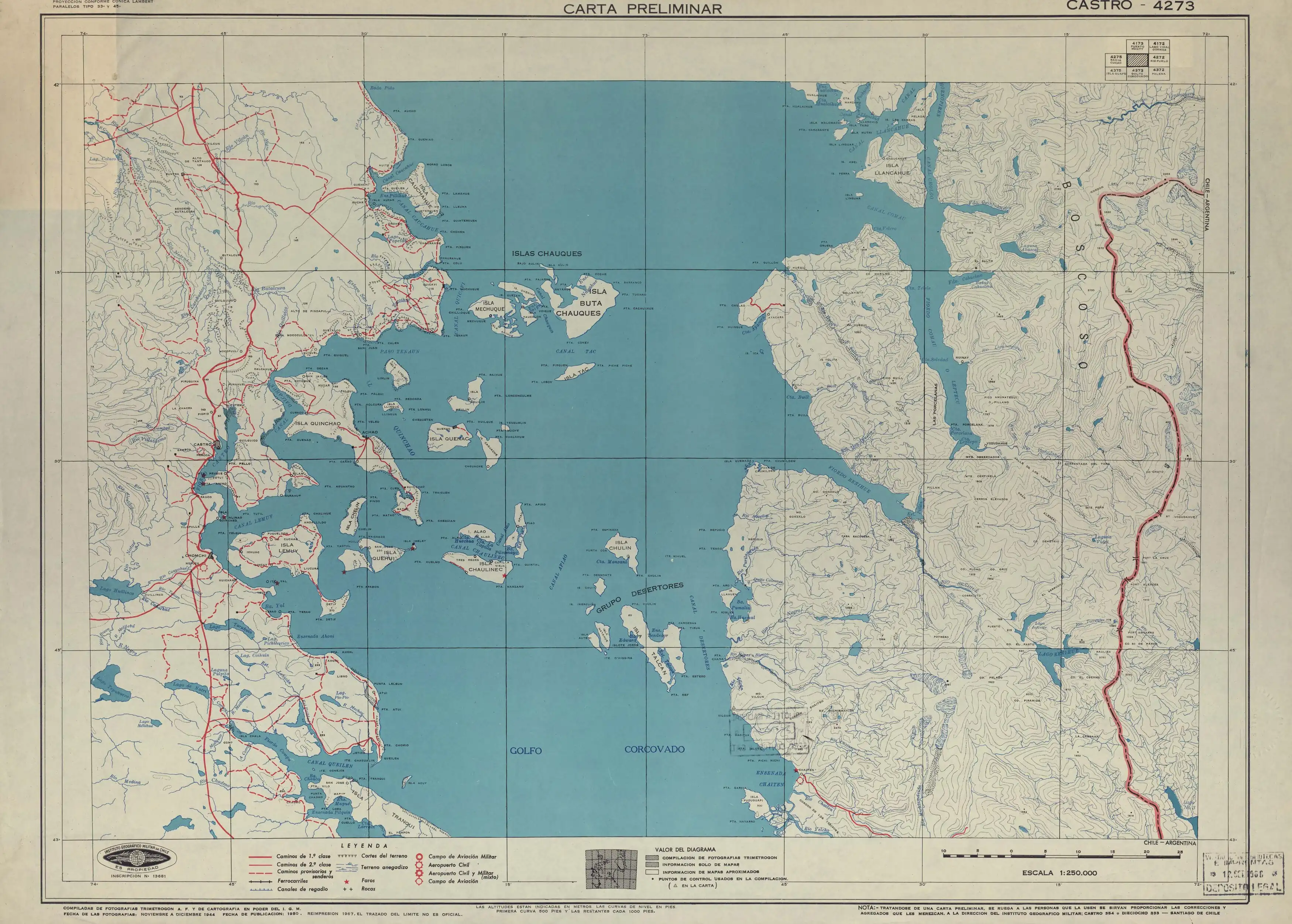 El río Rayas o Blanco en un mapa del Instituto Geográfico Militar (Chile) publicado en 1950 con una escala de 1:250.000.
