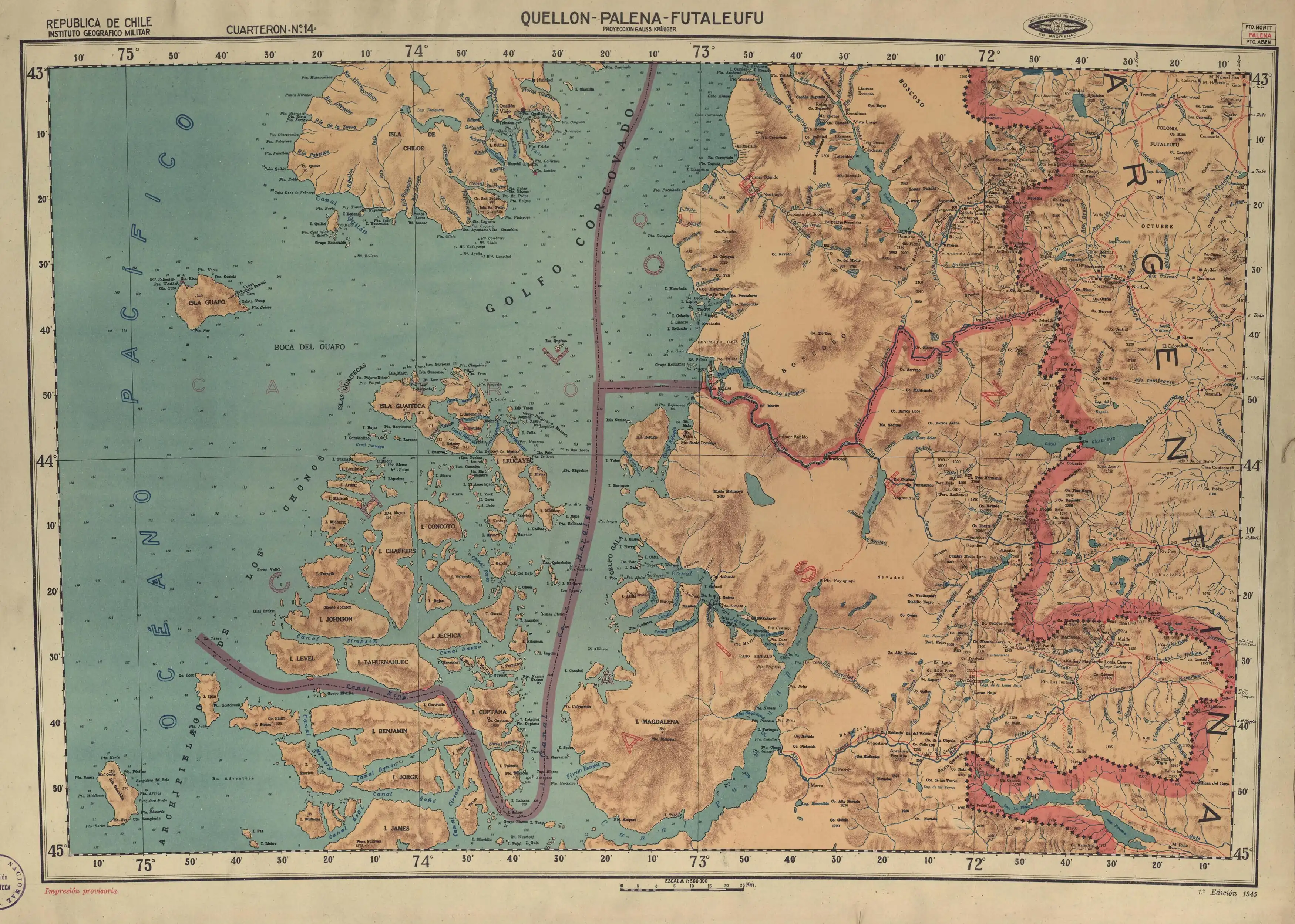 El río en una sección de un mapa del Instituto Geográfico Militar de Chile publicado en 1945 con una escala de 1:500000.