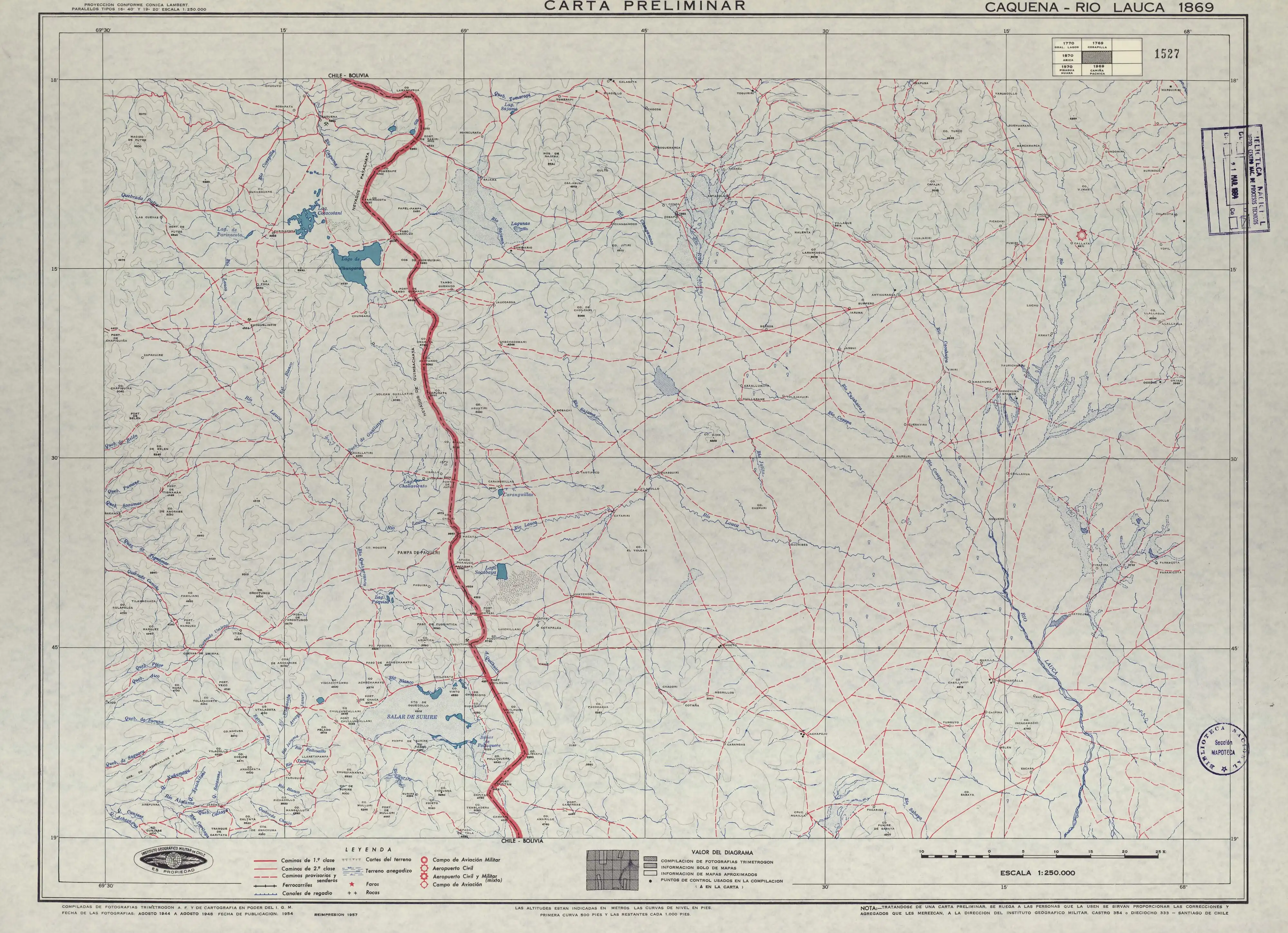 Mapa de la zona publicado en 1954 en escala 1:250000 por el Instituto Geográfico Militar de Chile.