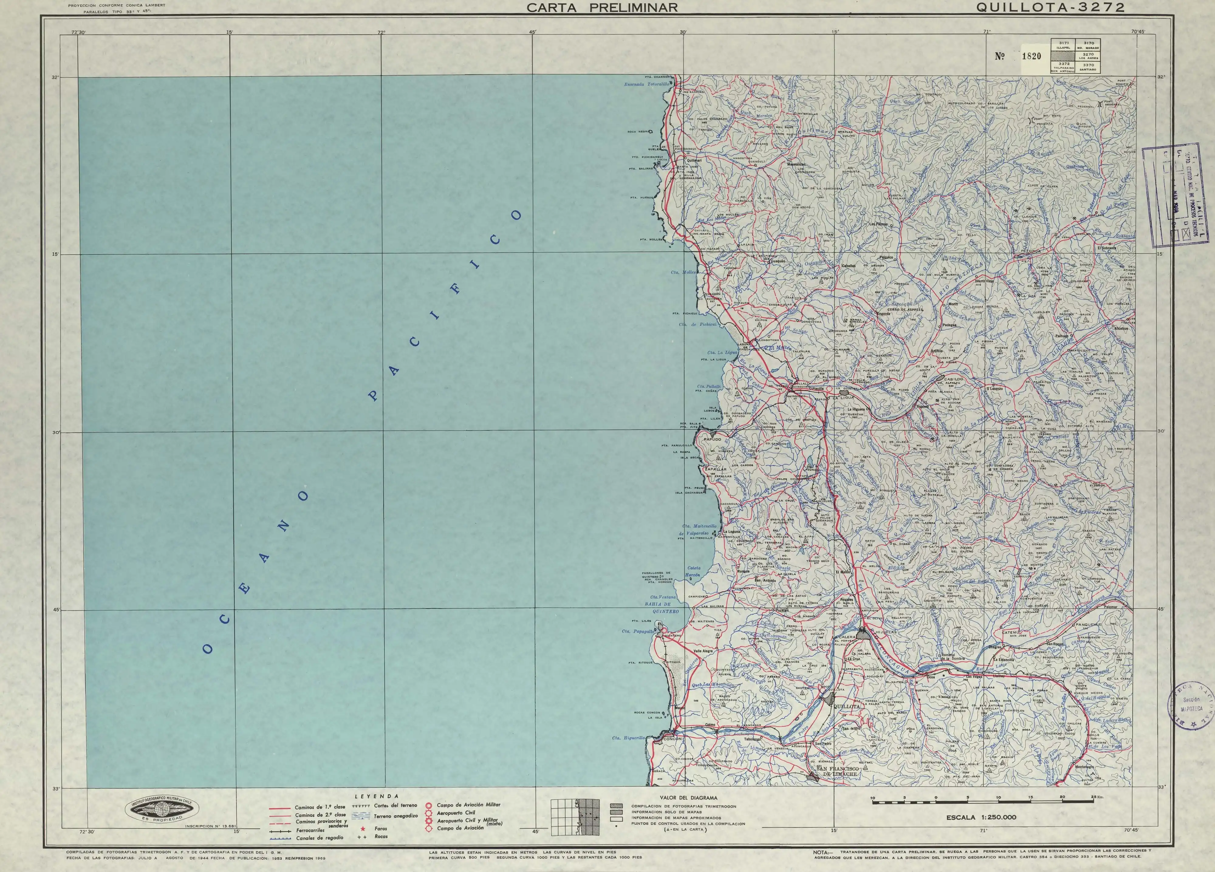 Mapa de la zona publicado en 1953 en una escala de 1:250000 por el Instituto Geográfico Militar (Chile).