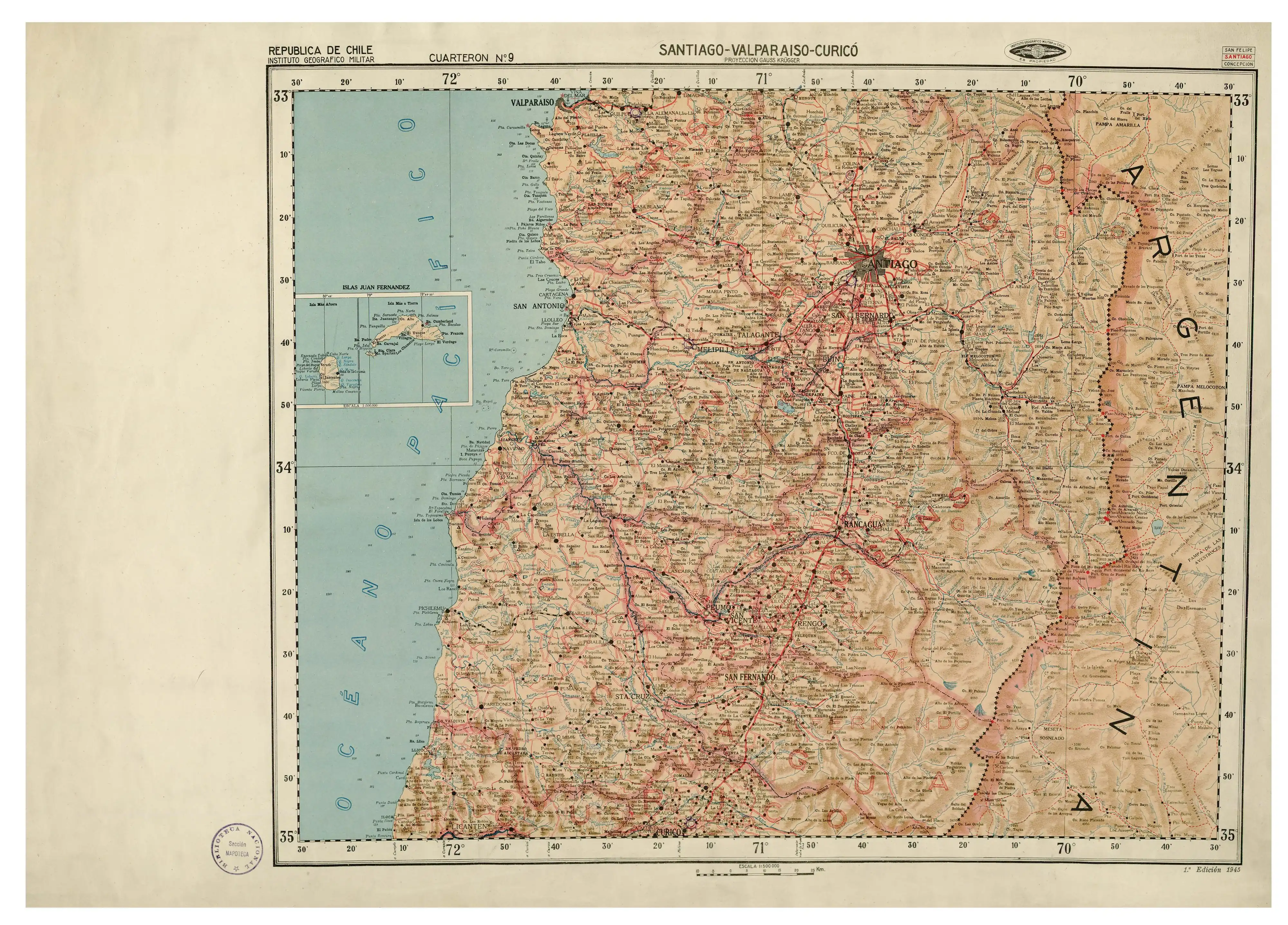 El estero Paredones y la laguna en un mapa del Instituto Geográfico Militar (Chile) publicado en 1945 en escala 1:500000.