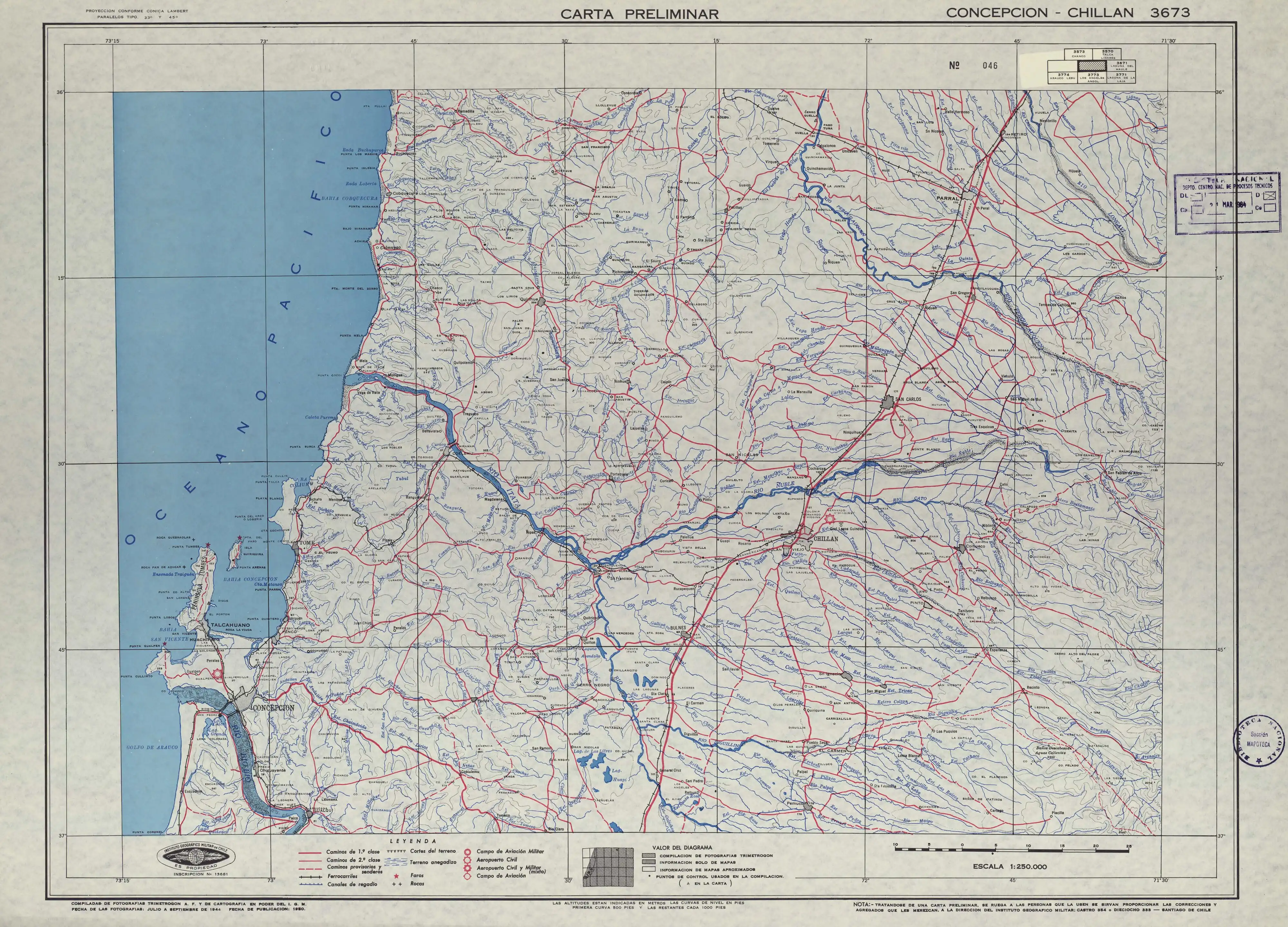 Mapa de la zona publicado por el Instituto Geográfico Militar de Chile en 1950 con una escala de 1:250000.