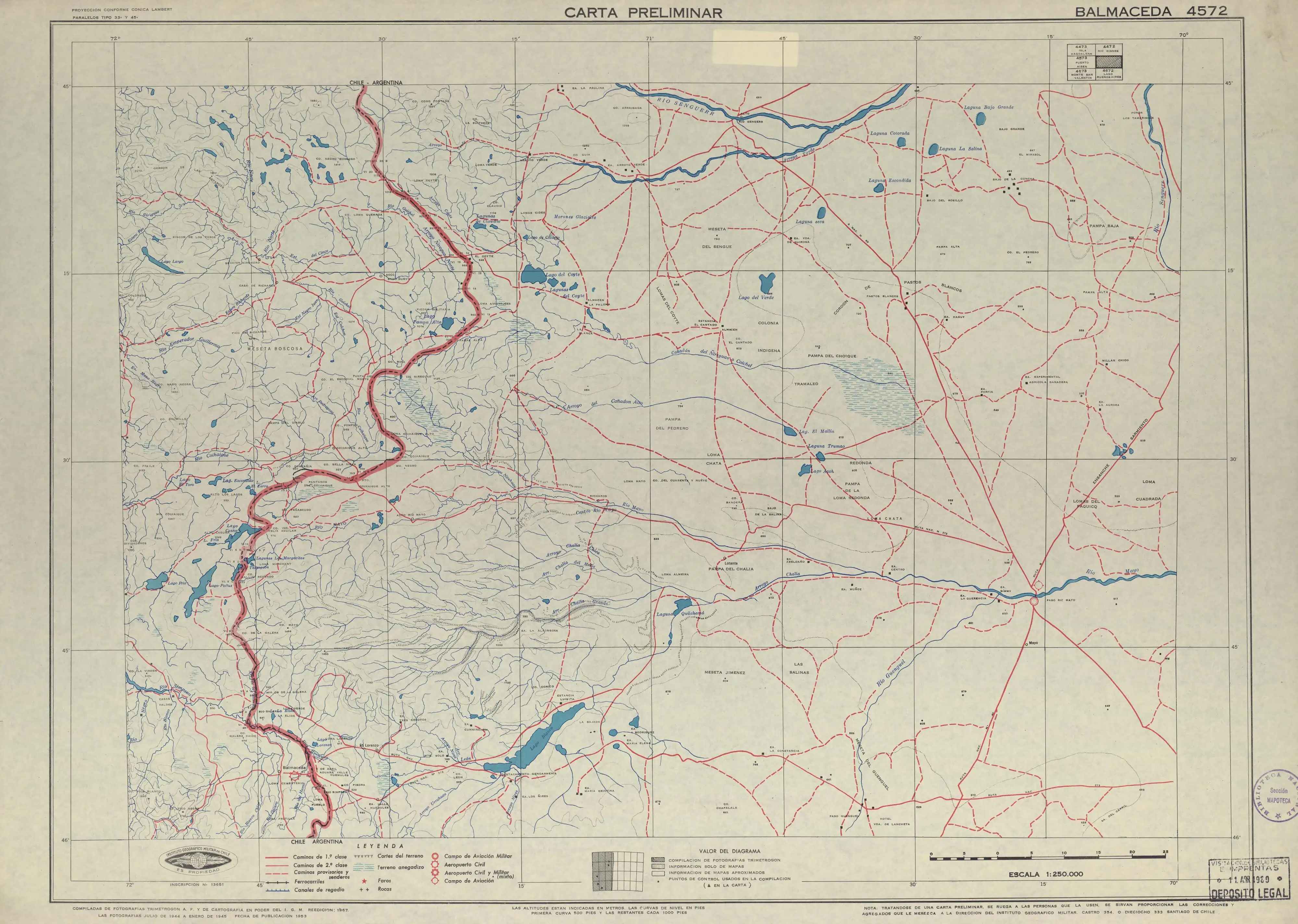 El lago Frío en el mapa del Instituto Geográfico Militar de Chile publicado en 1953 con una escala de 1:250.000. Nótese la existencia de una L. Fría.