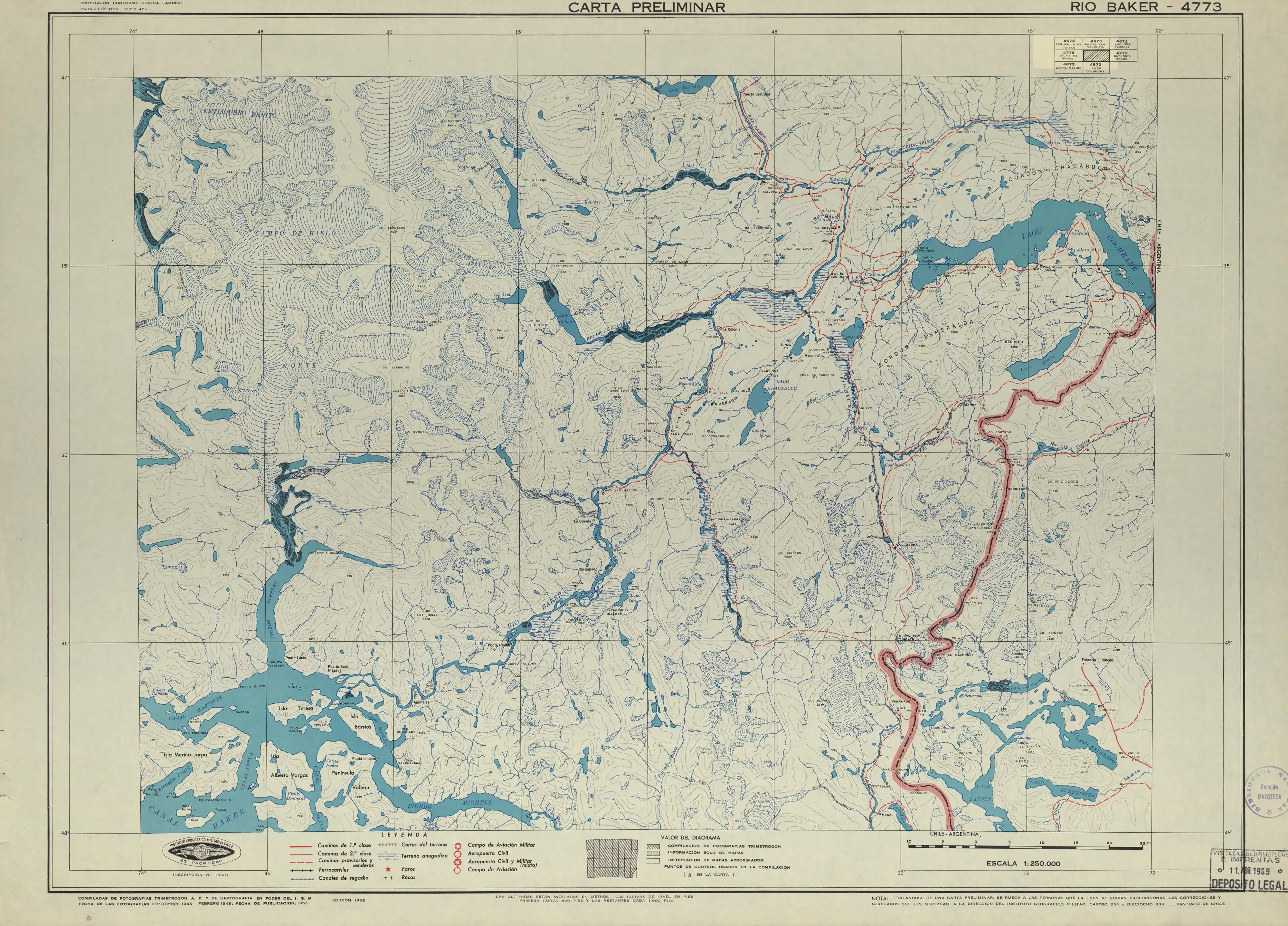 El lago Plomo no figura en el mapa del Instituto Geográfico Militar de Chile publicado en 1953 con una escala de 1:250.000.