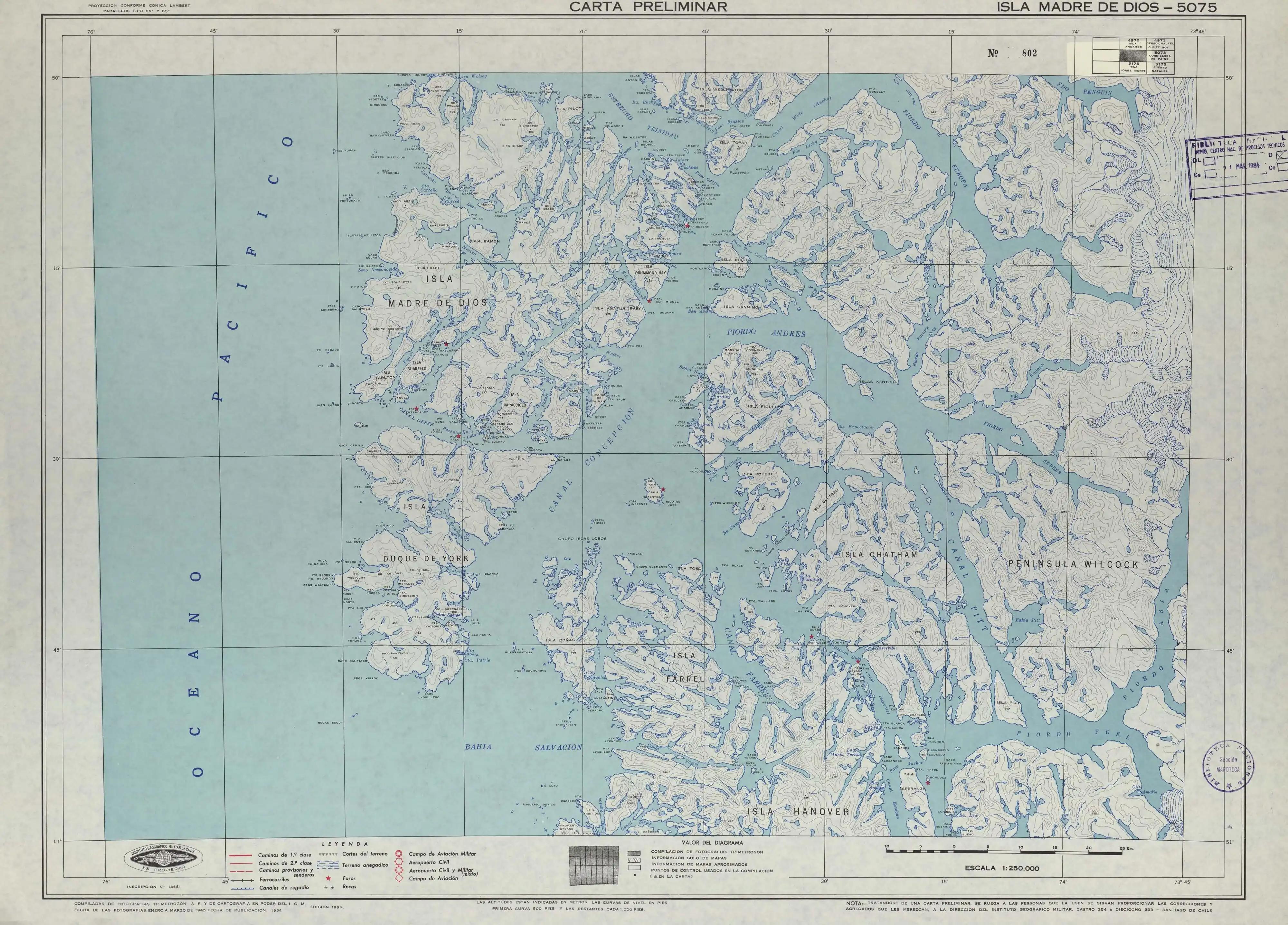 Mapa de la zona publicado por el Instituto Geográfico Militar (Chile) en 1954 en una escala de 1:250000.