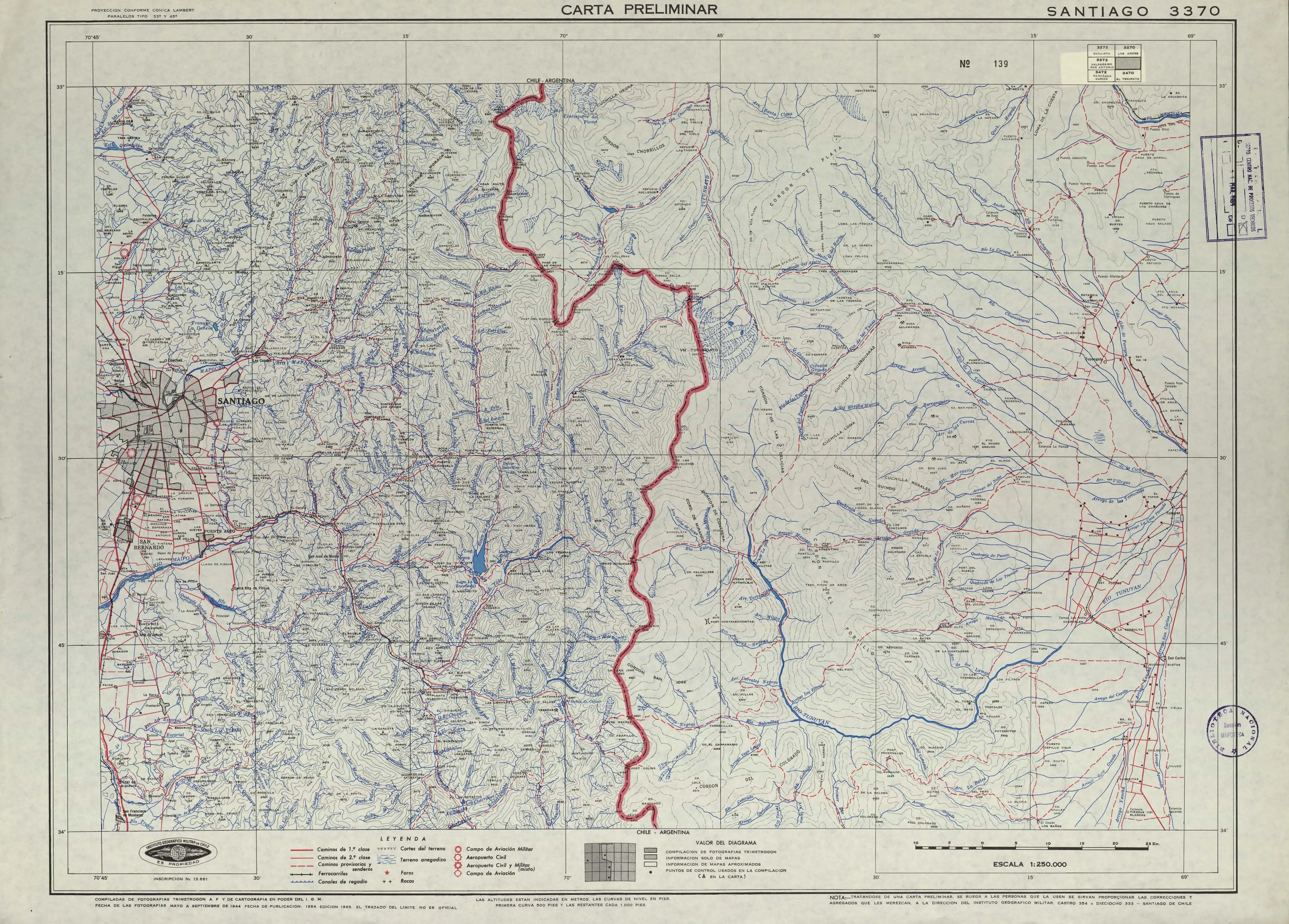 El río el Volcán en un mapa de Instituto Geográfico Militar de Chile publicado en 1954 con una escala de 1 a 250000.