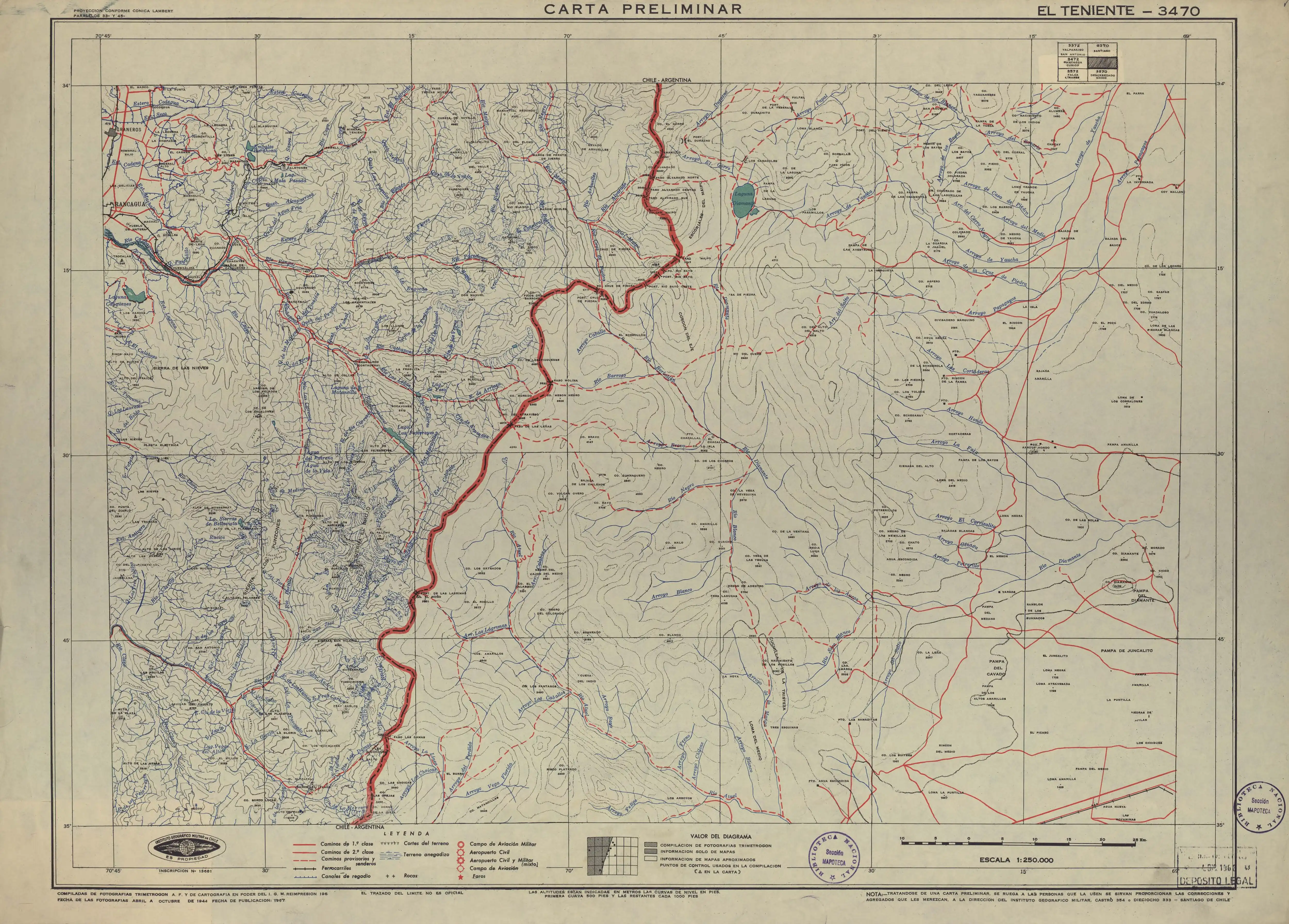El trayecto del río San José en un mapa del Instituto Geográfico Militar de Chile en escala 1:250.000 publicado en 1967.