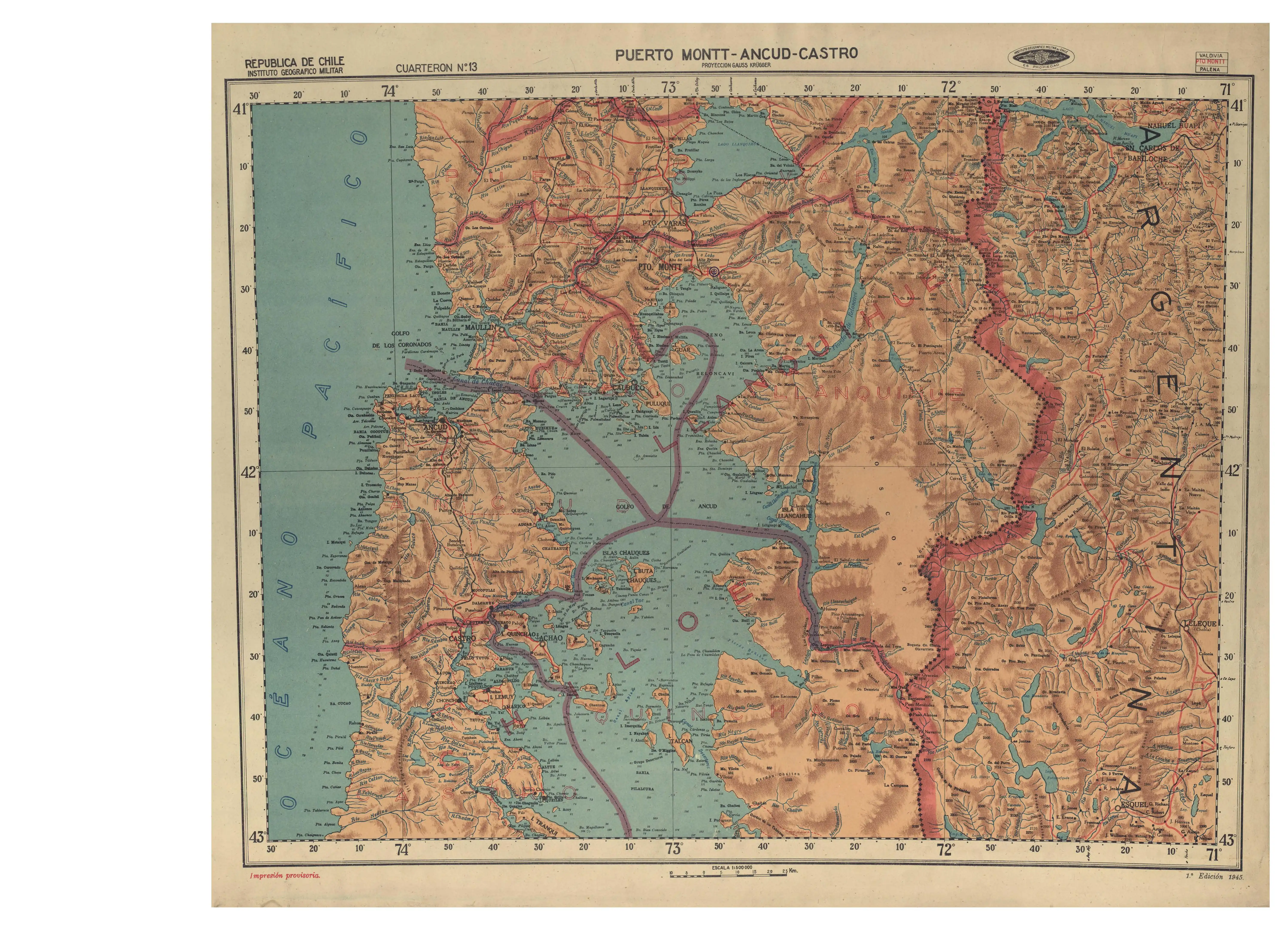 El estero Chinchiguapi en un mapa del Instituto Geográfico Militar de Chile publicado en 1945 con una escala de 1:500.000 .
