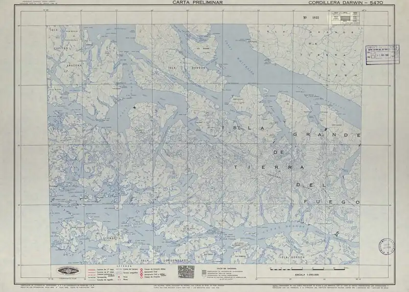 Sección poniente del canal en un mapa de la zona publicado por el Instituto Geográfico Militar de Chile en 1955 en una escala de 1:250000.