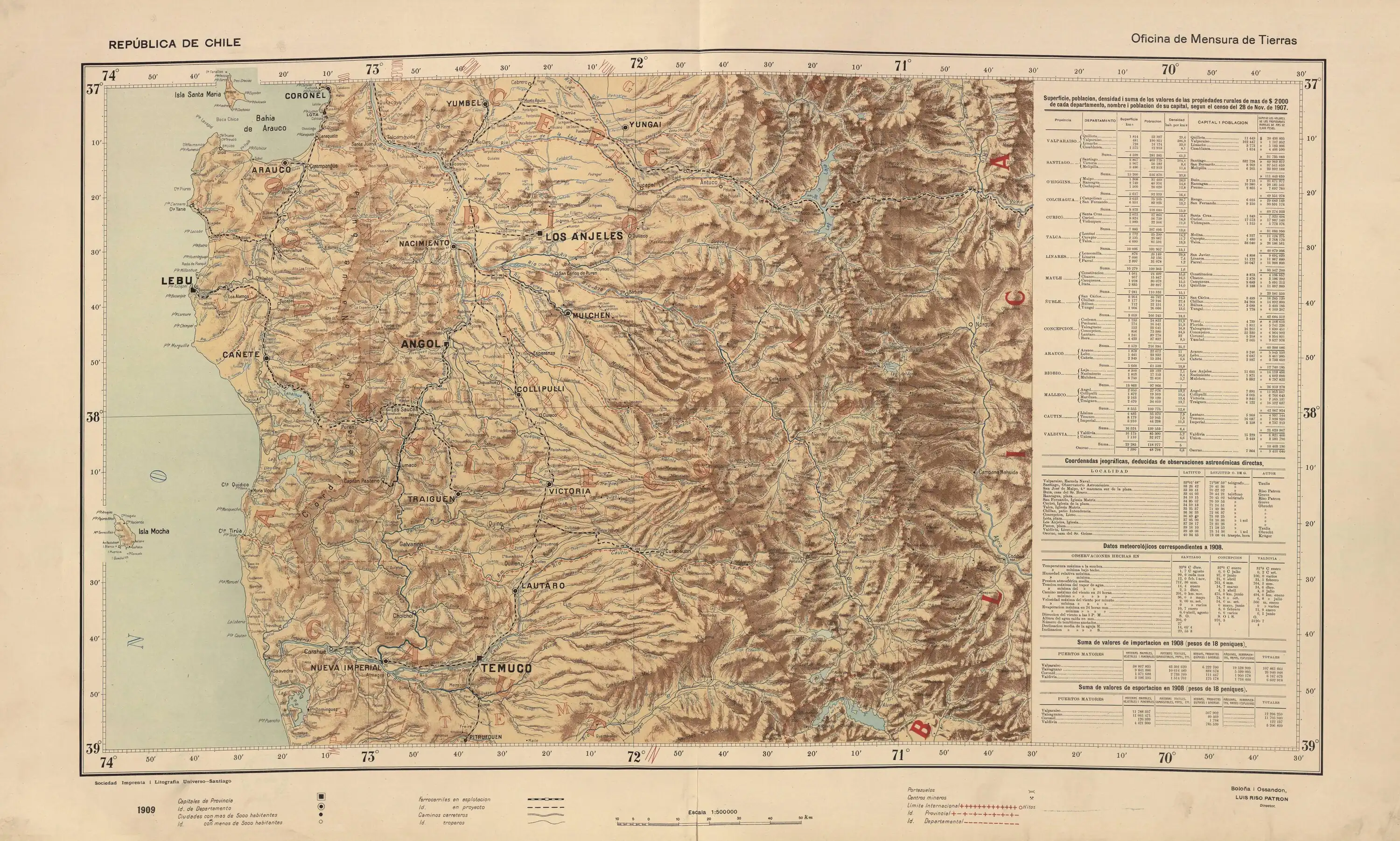 La cordillera de Hirrampe al sur de la ciudad de Curacautín y la cordillera de Melo al sureste de la ciudad de Lautaro en el mapa de Chile de 1910, página 24, de Luis Risopatrón